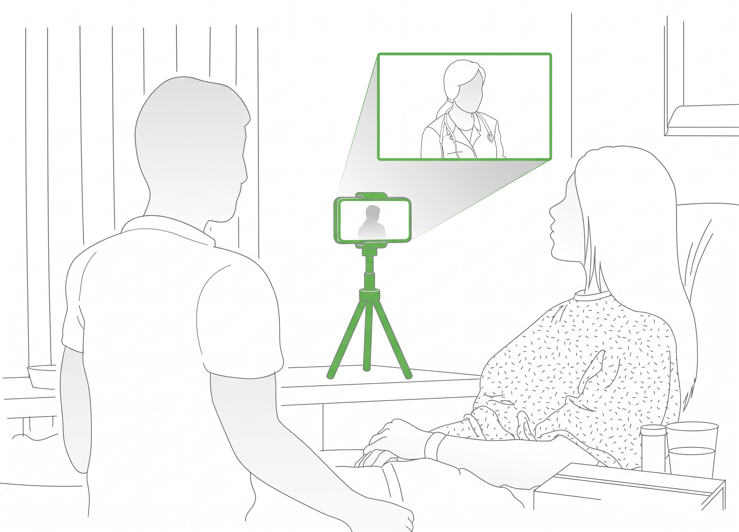 The patient with a family member talking to a remotely connected doctor